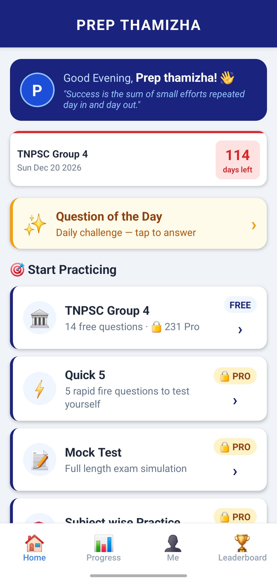 Prep Thamizha home screen