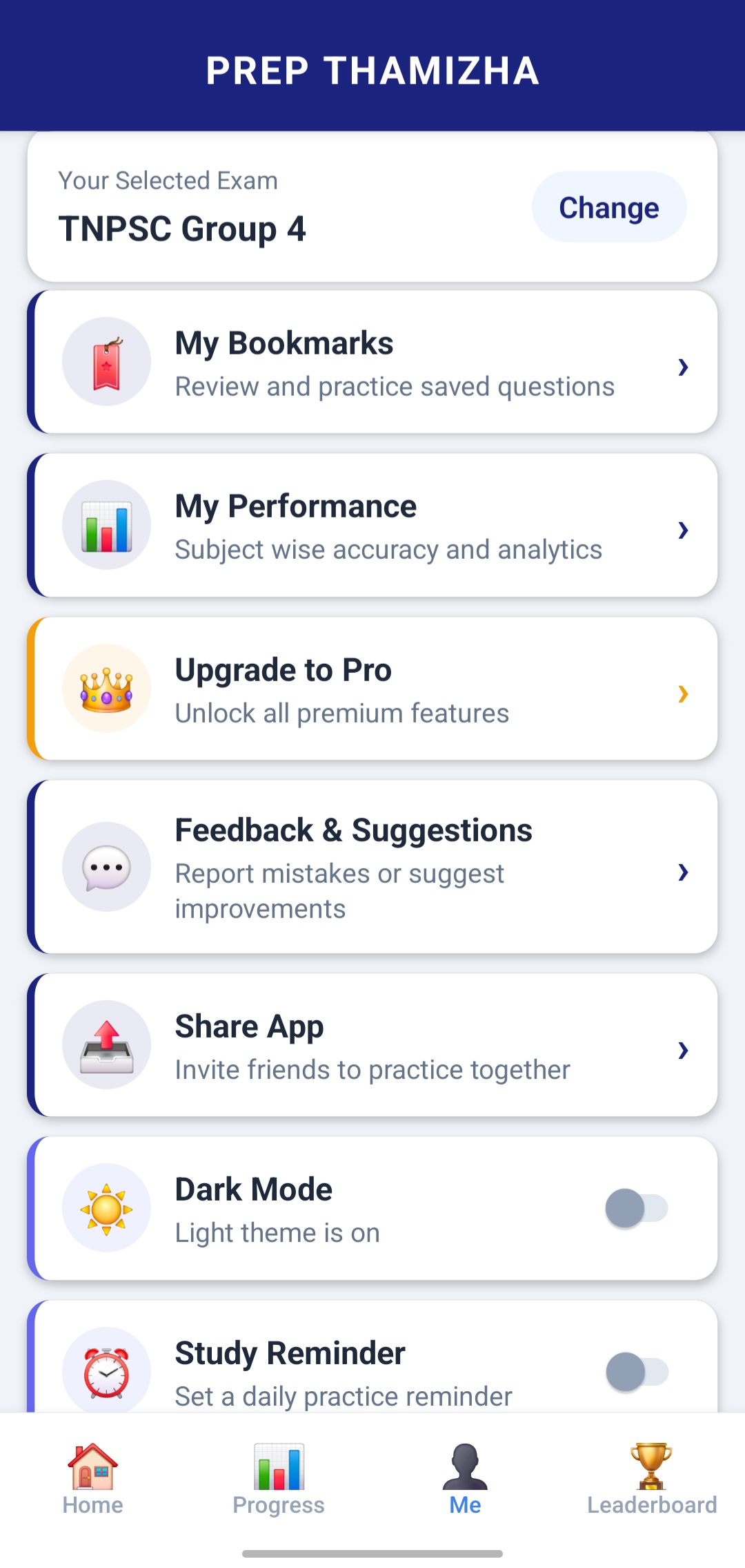 Me screen with settings