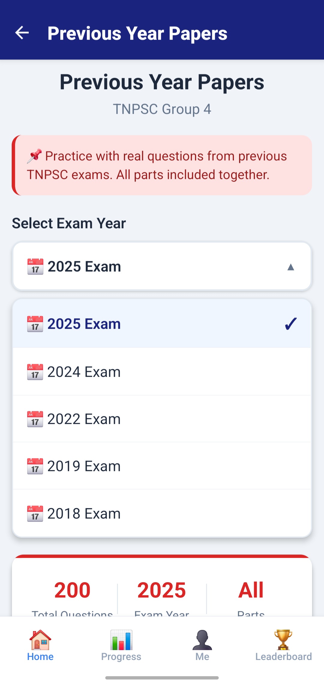 Previous year exam selector