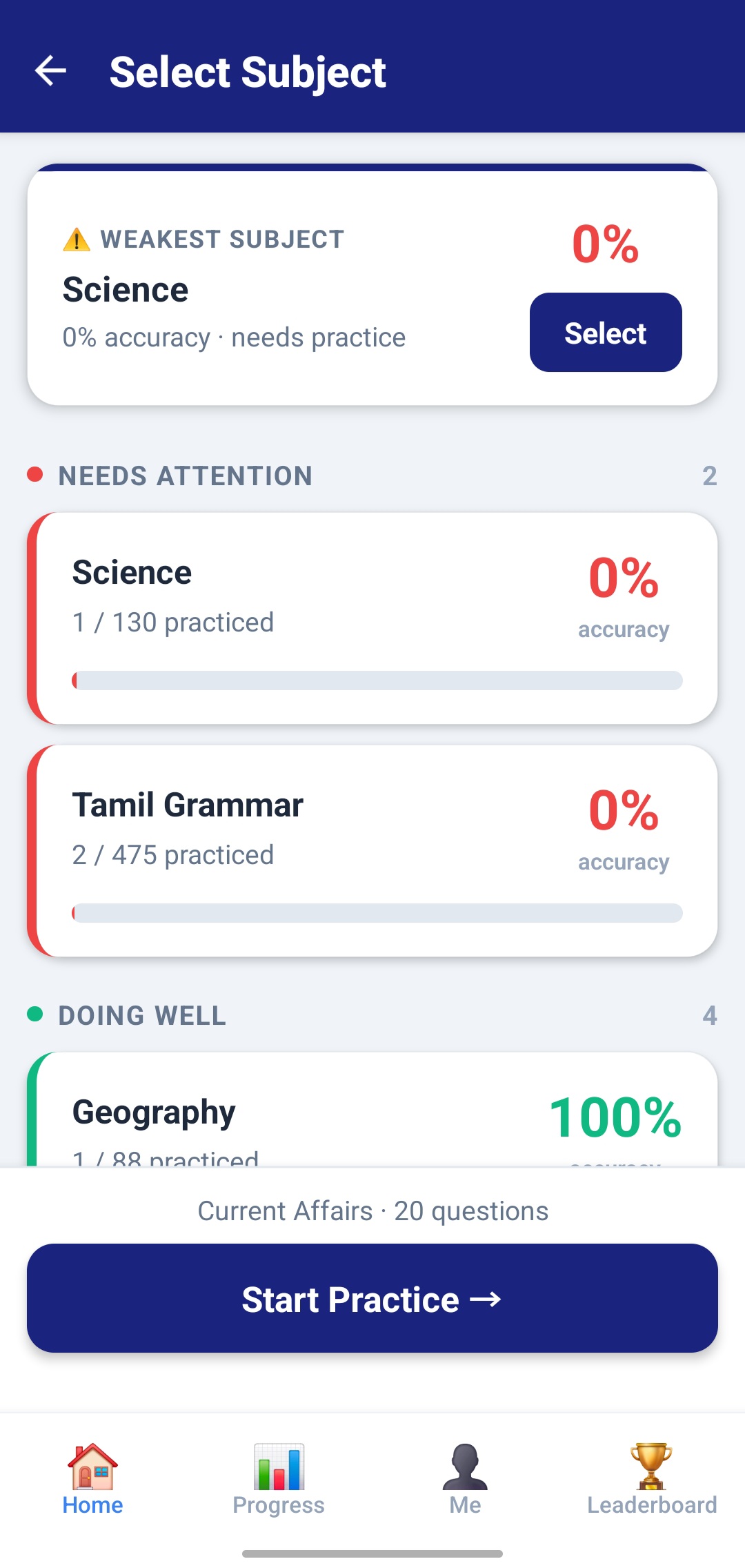 Subject-wise practice screen