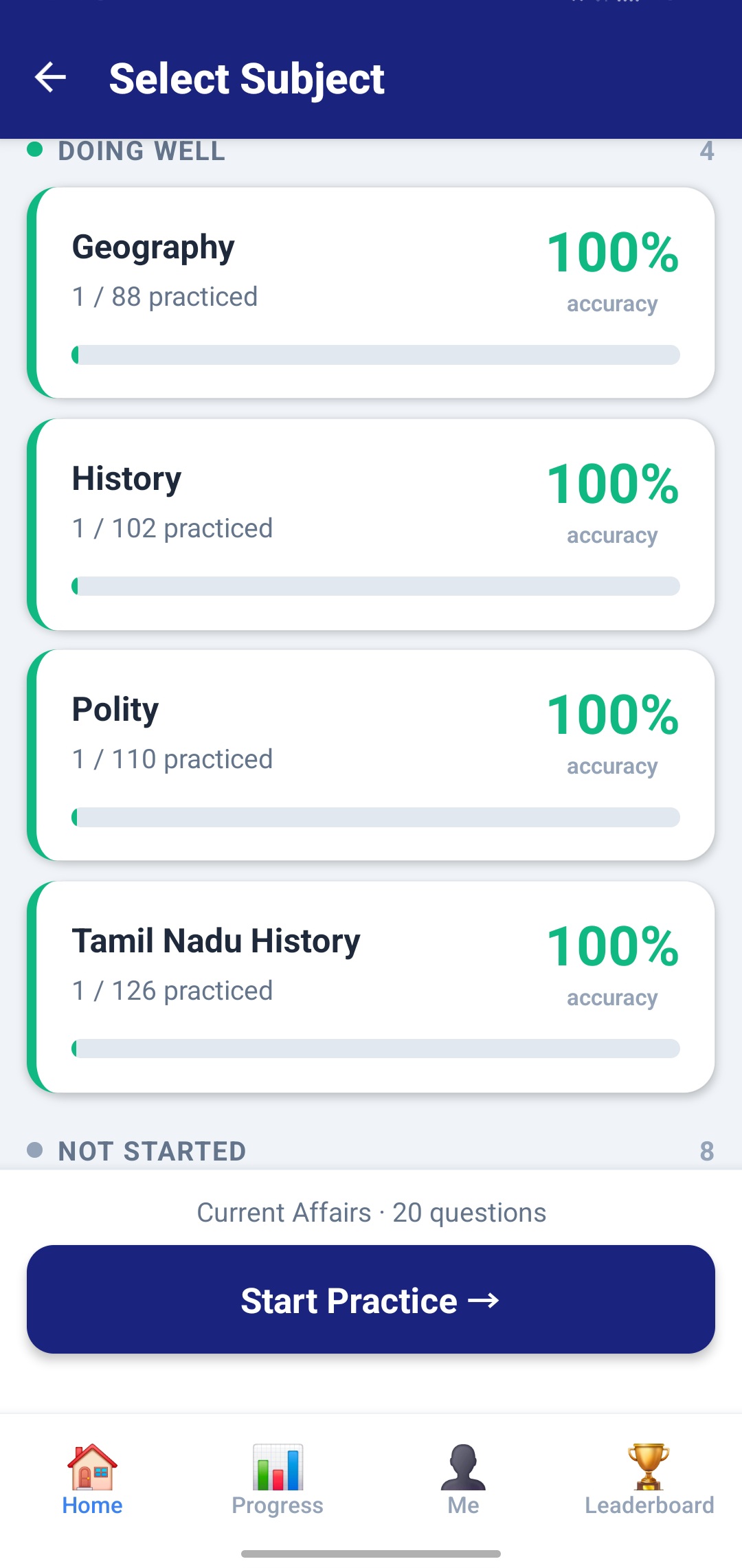 Subject-wise practice list