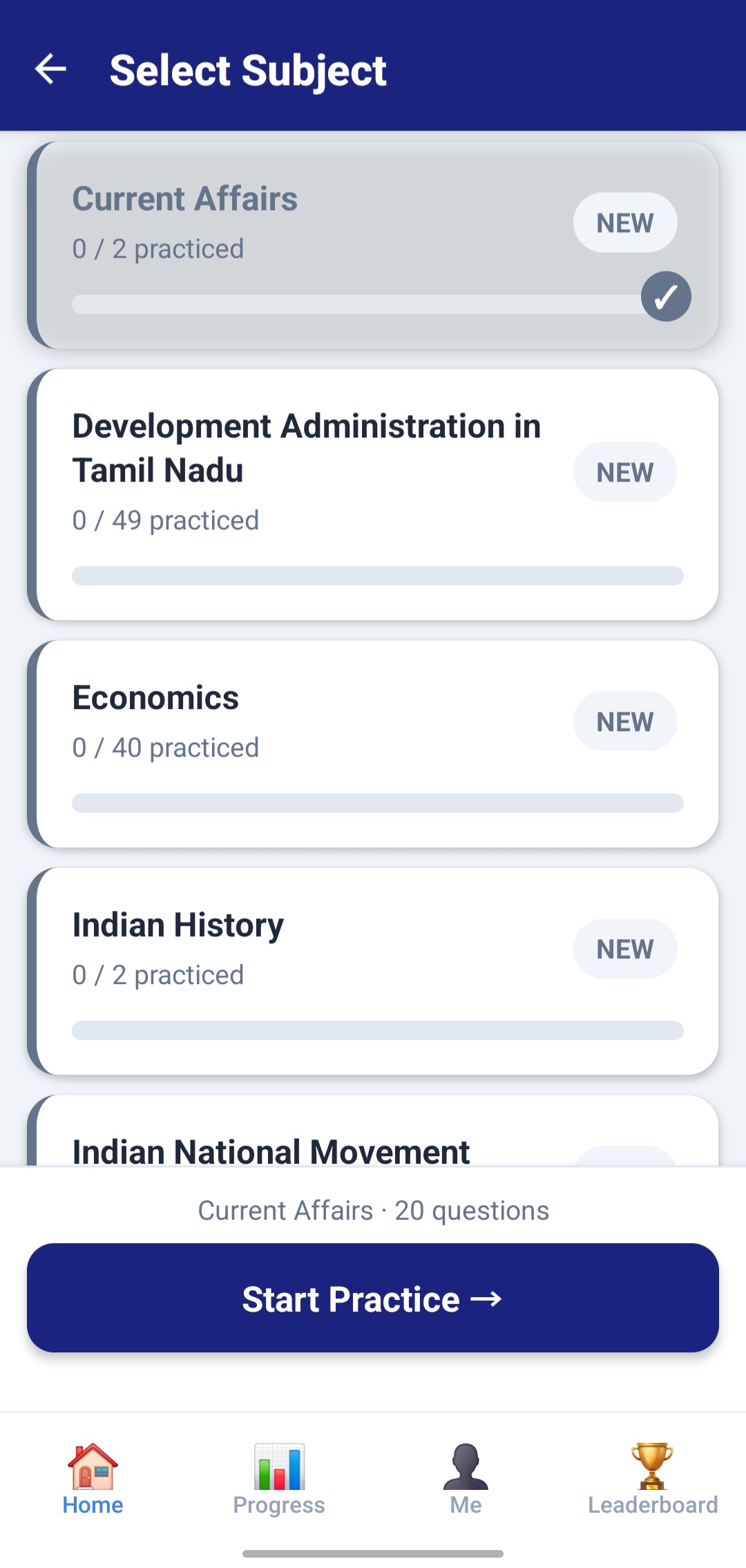 Subject-wise practice weakest subject